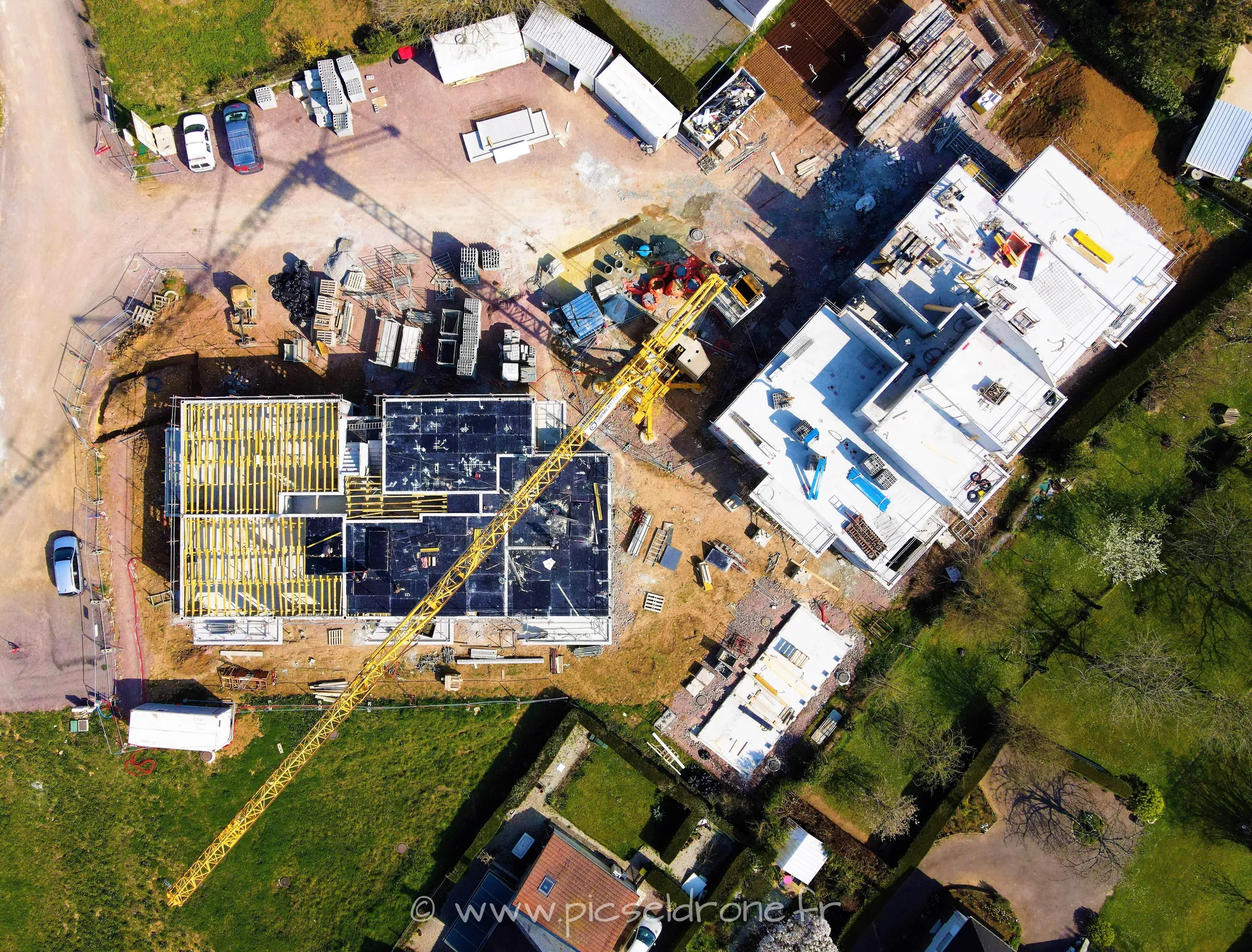 Prise de vue aérienne, photo aérienne de chantier CORMIER BARÉA, VIABILIS, Villa Verde Verson, télépilote drone, pilote drone, PICSEL DRONE, CAEN