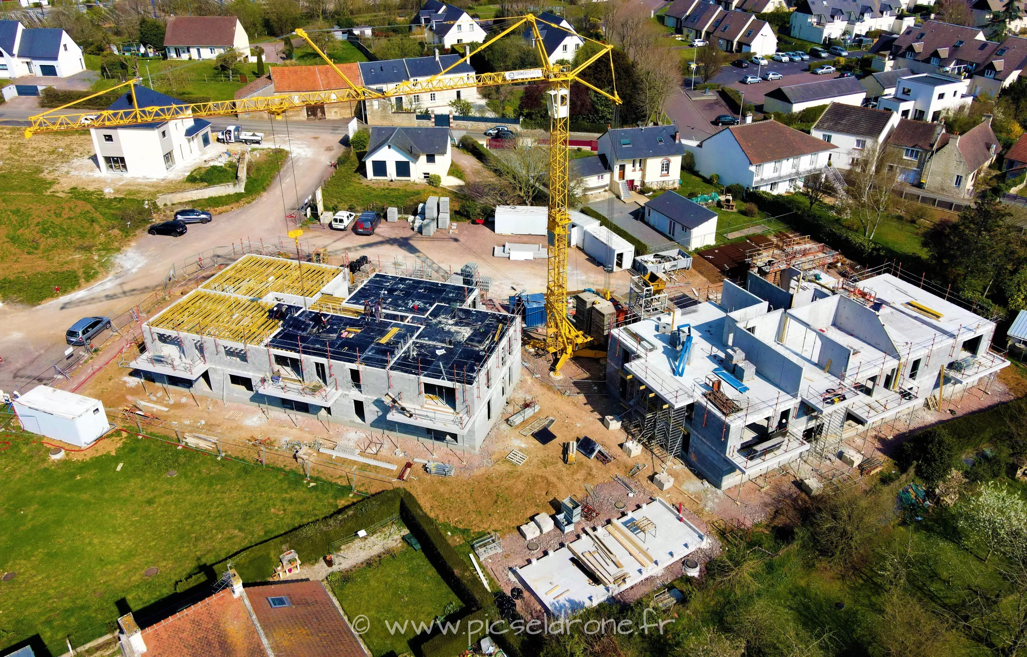 Prise de vue aérienne, photo aérienne de chantier CORMIER BARÉA, VIABILIS, Villa Verde Verson, télépilote drone, pilote drone, PICSEL DRONE, CAEN