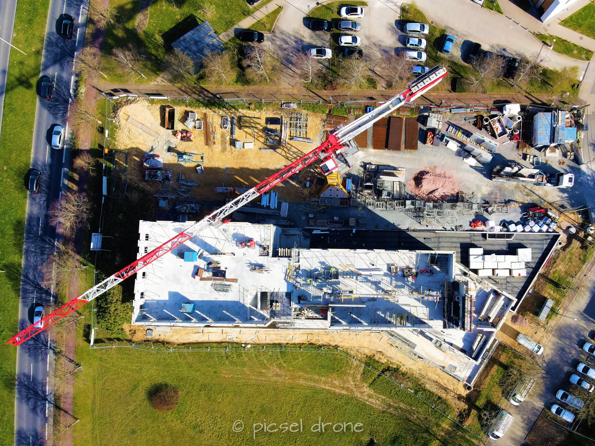 Prise de vue aérienne, photo aérienne de chantier CMEG, Maison du BTP, Mars 2022, télépilote drone, pilote drone, PICSEL DRONE, CAEN