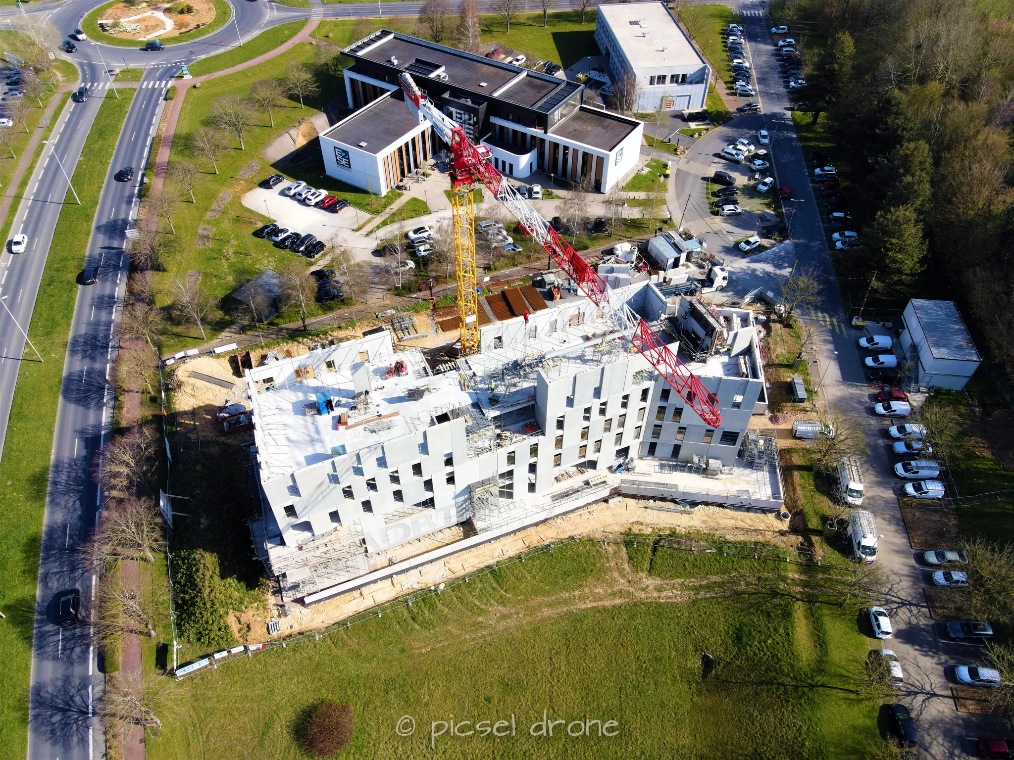 Prise de vue aérienne, photo aérienne de chantier CMEG, Maison du BTP, Mars 2022, télépilote drone, pilote drone, PICSEL DRONE, CAEN